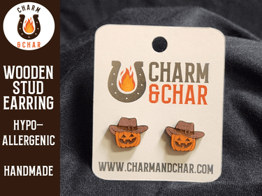 Jack o Lantern with Cowboy Hat Wood Stud Earrings - Halloween Fashion Earring - Stud Earring - Charm and Char